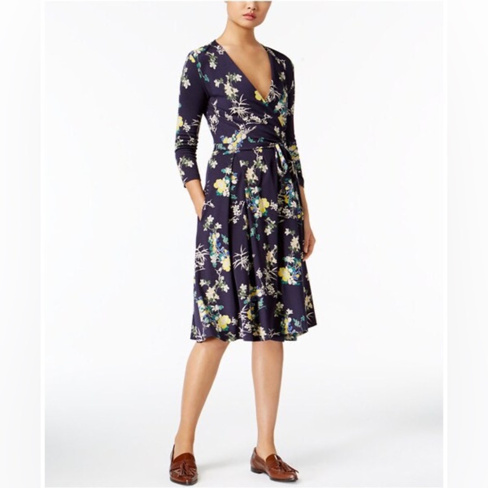 Weekend Max Mara Dacia Printed Wrap Dress, Navy &‎ Yellow Fall Floral, Sz M